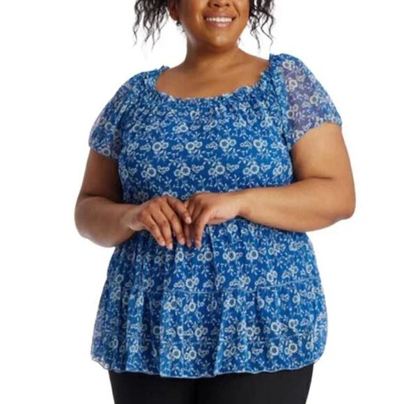 New Max Studio Plus Floral Print Mesh Overlay Flutter Sleeves Blouse Top - Picture 1 of 5